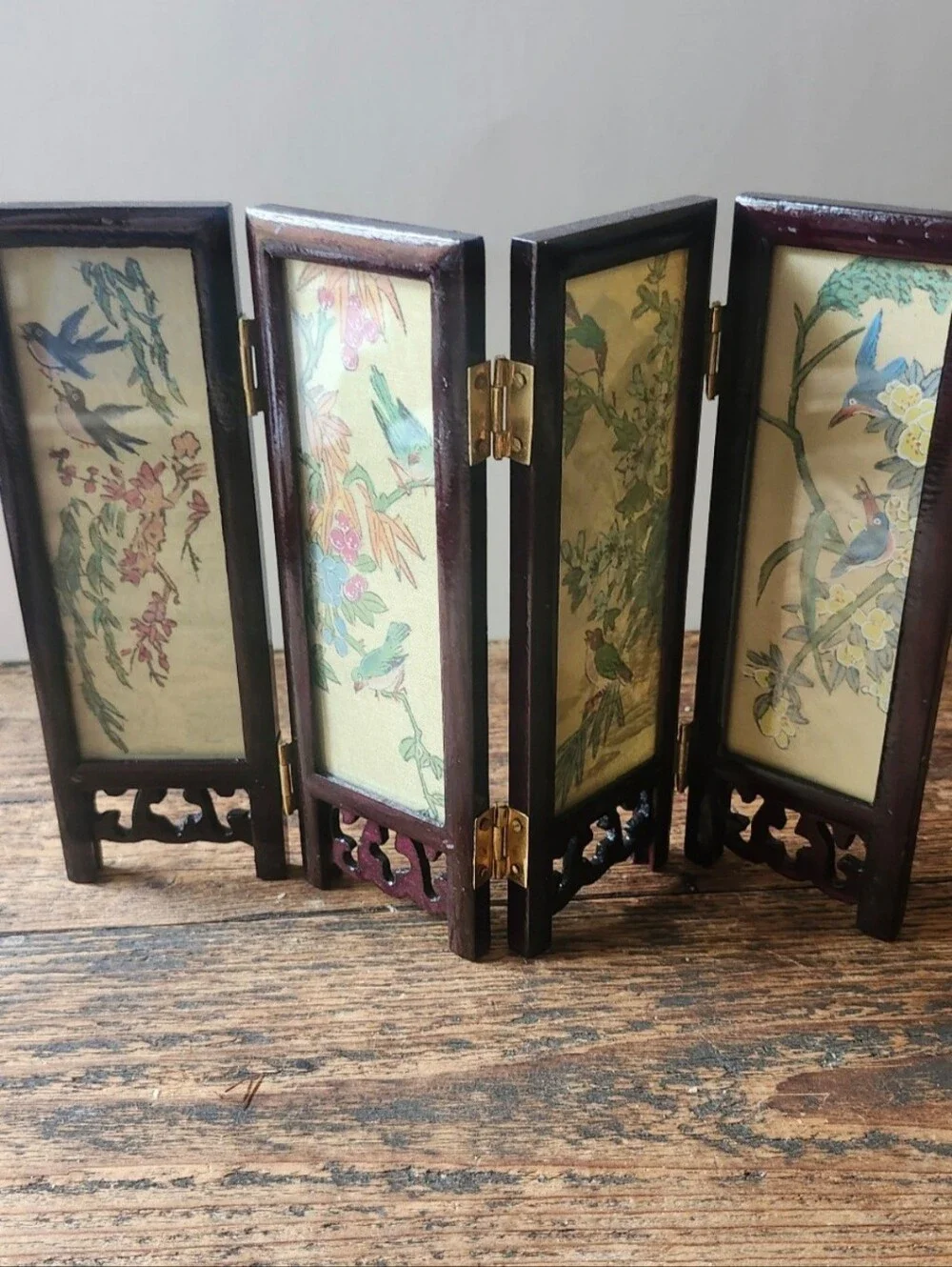 Decorative Four-Panel Mini Folding Screen - Brown with Floral & Bird Panels